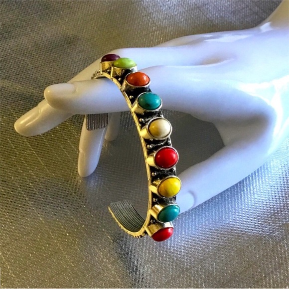 Boho Silver Multicolor Turquoise Open Cuff Bangle Bracelet - Picture 2 of 2